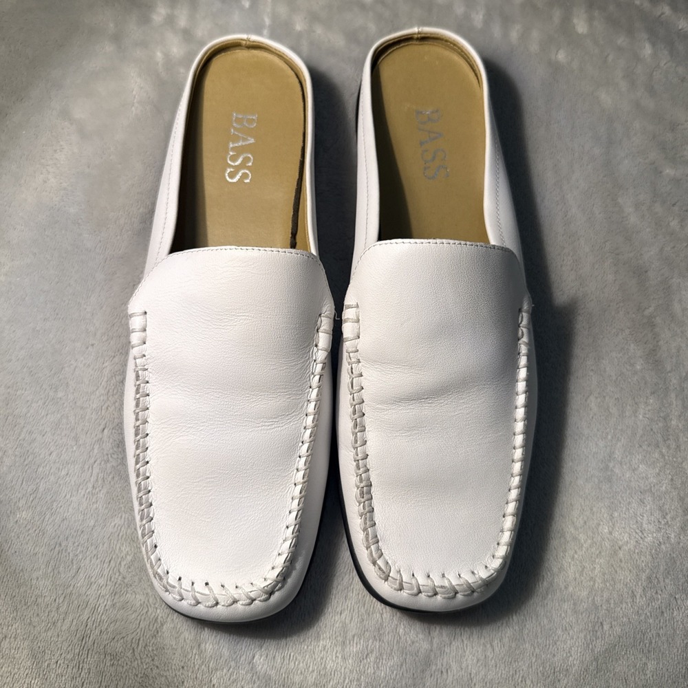 Bass Womens White Leather Moc Toe Mule Loafers Sz 8.5M Slip On Shoes, Perfect.